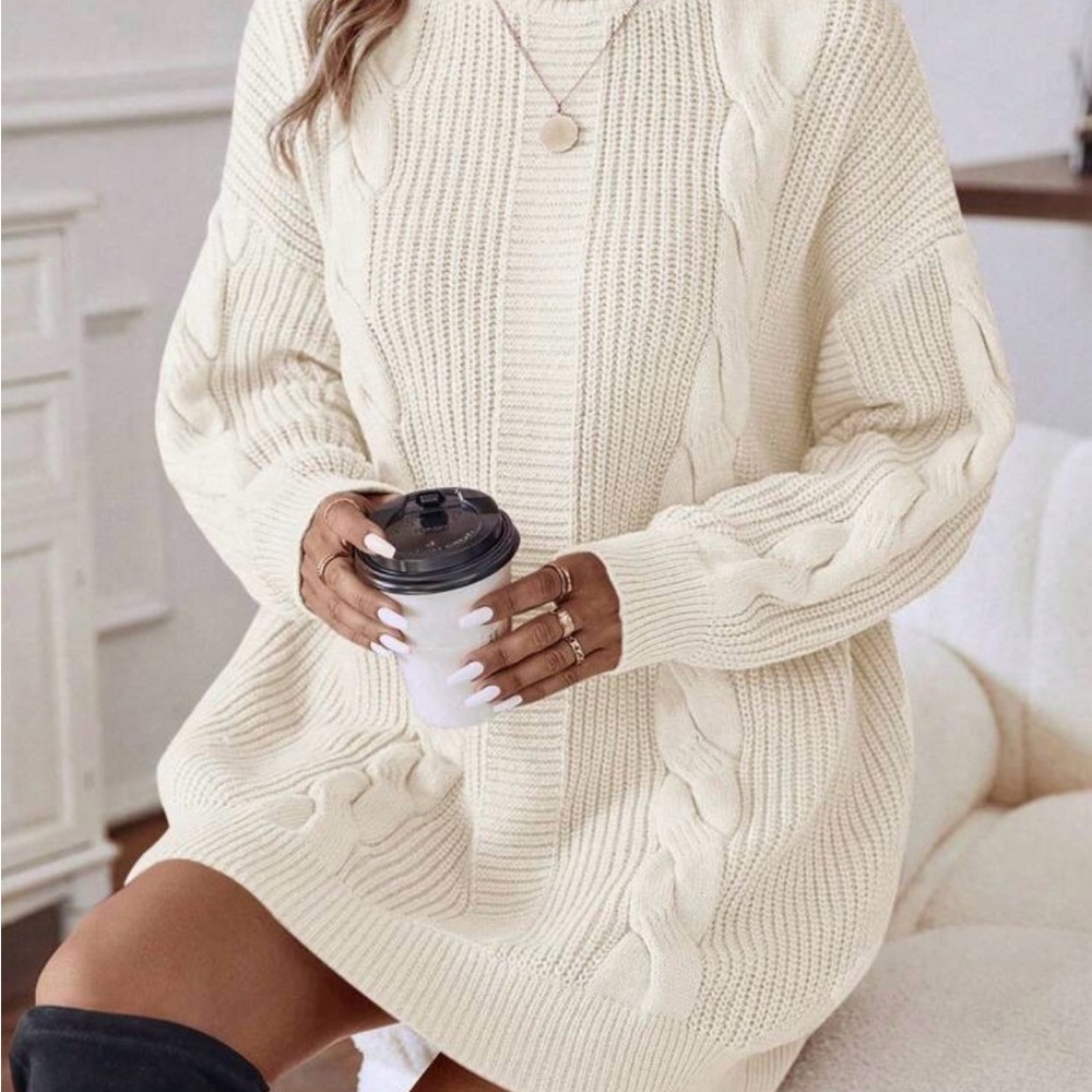 Cozy Cream Cable Knit Sweater Dress